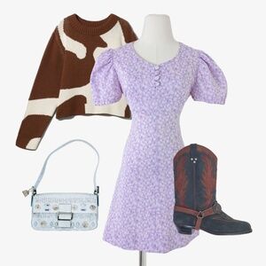 Vintage Floral Purple Mini Dress Handmade Empire Waist Sweetheart Neckline